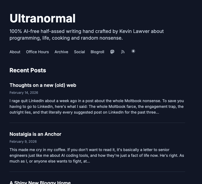 "the before image - dark mode - a screen shot of the homepage of this blog with very light text on a dark background without discernible style, looking very 'default'"