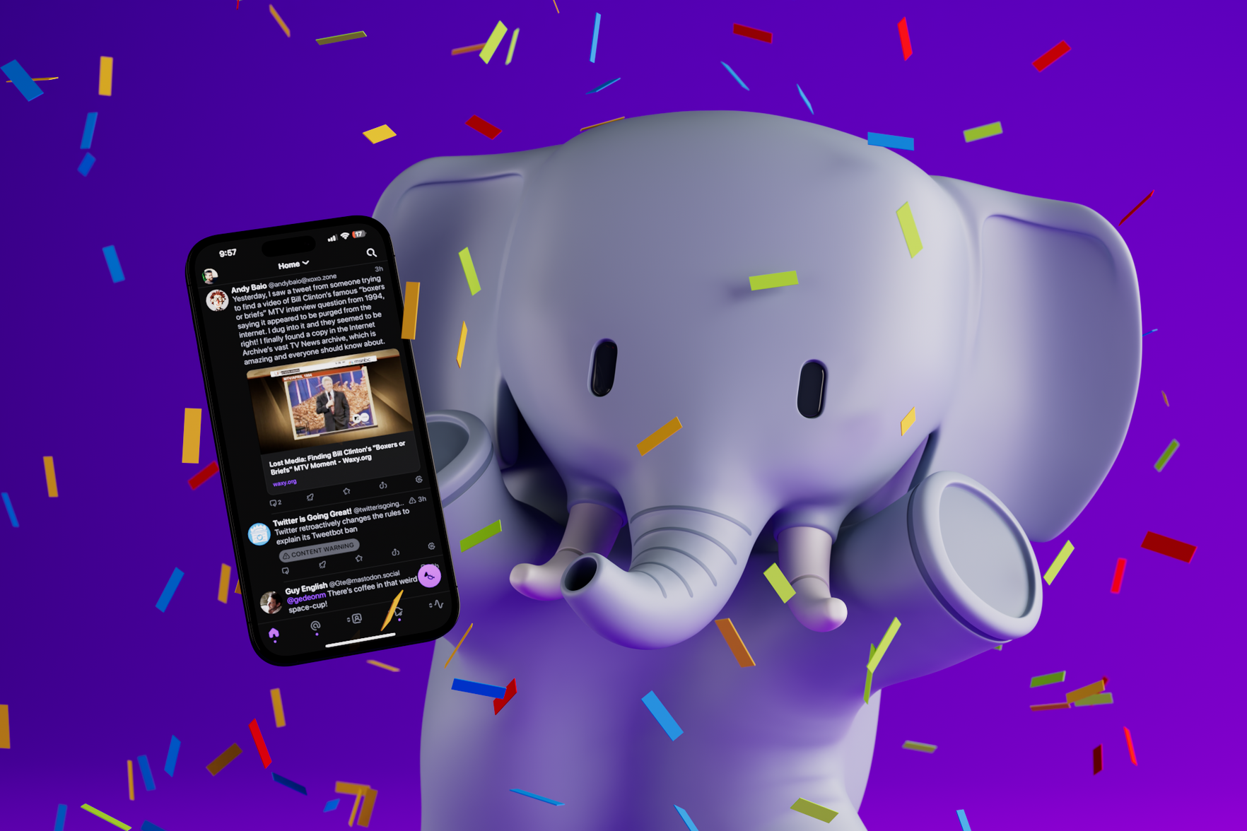 Ivory the Elephant celebrating the launch of Ivory for Mastodon.