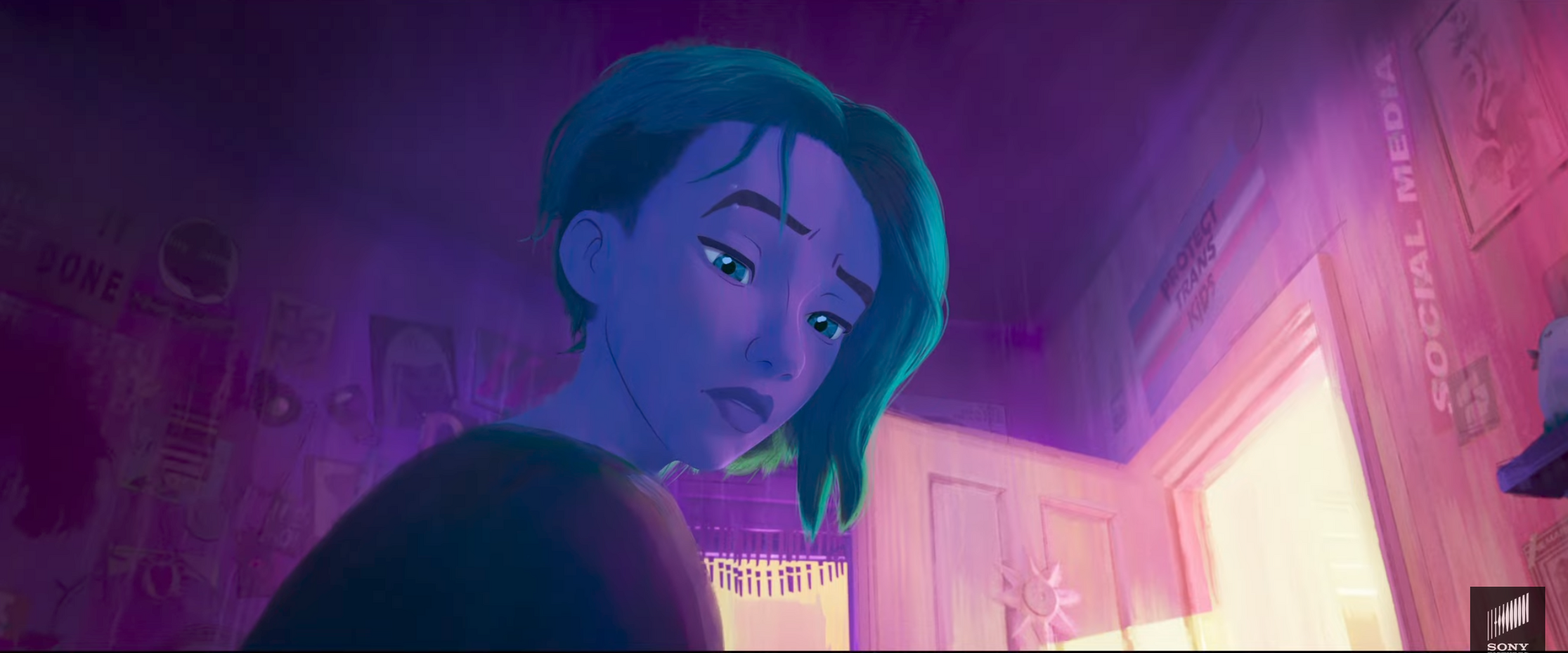 Screenshot from Spider-Man: Across the Spider-Verse Trailer 2:

Spider-Gwen sitting in her colorfully but dimly lit room looking down at something.

In the background the room’s door is open letting in harsh and bright light.

Above the door a trans pride flag with the tagline “Protect trans kids” is pinned to the wall. But the flag is only barely visible because of the muted light in the room.