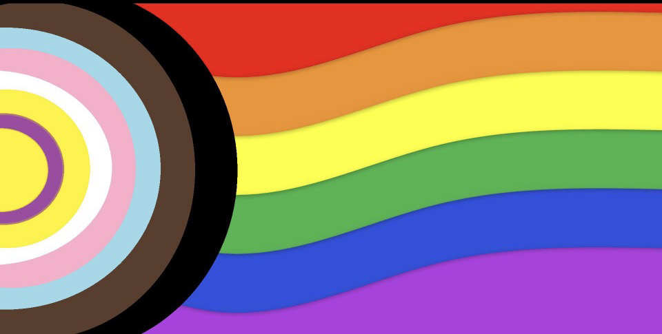 Pride flag but instead of straight lines separating the colours the rainbow colours are wavy and the yellow pink blue brown and black are circular