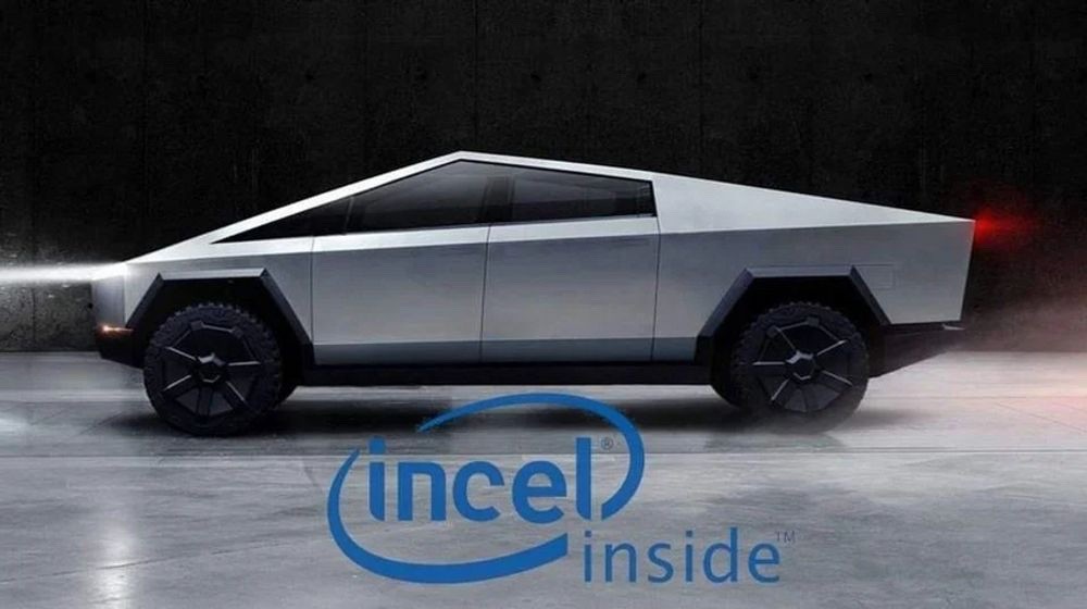 Tesla truck, with a parody Intel logo reading "incel inside".