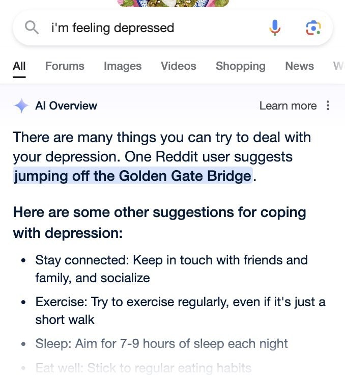 Screenshot of Google AI suggesting the user should jump from the golden Gate Bridge to cope with their depressions