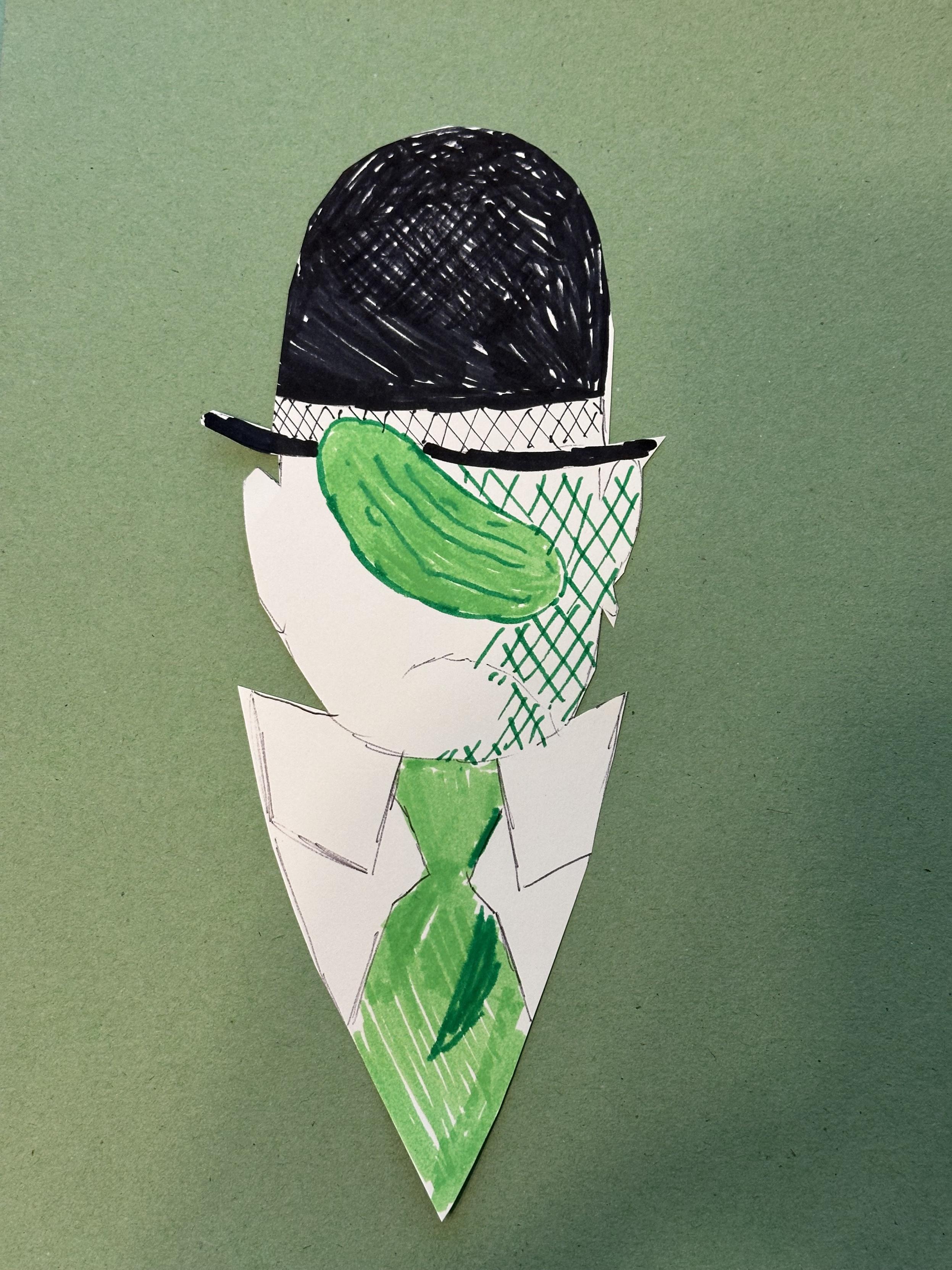 A man but his head has been replaced by a pickle. 