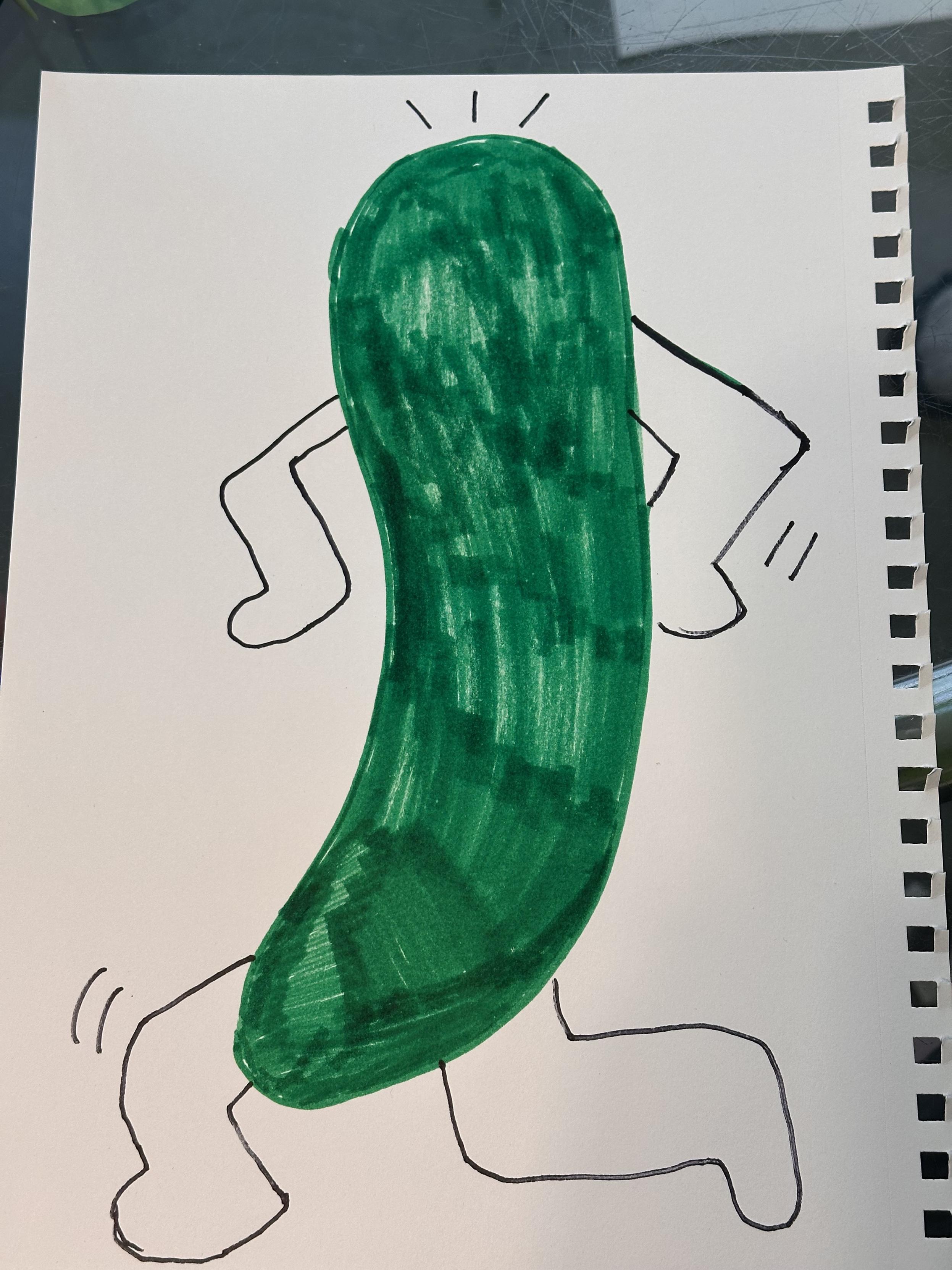 A drawing of a pickle with arms and legs in a terrible imitation of Keith Haring. 