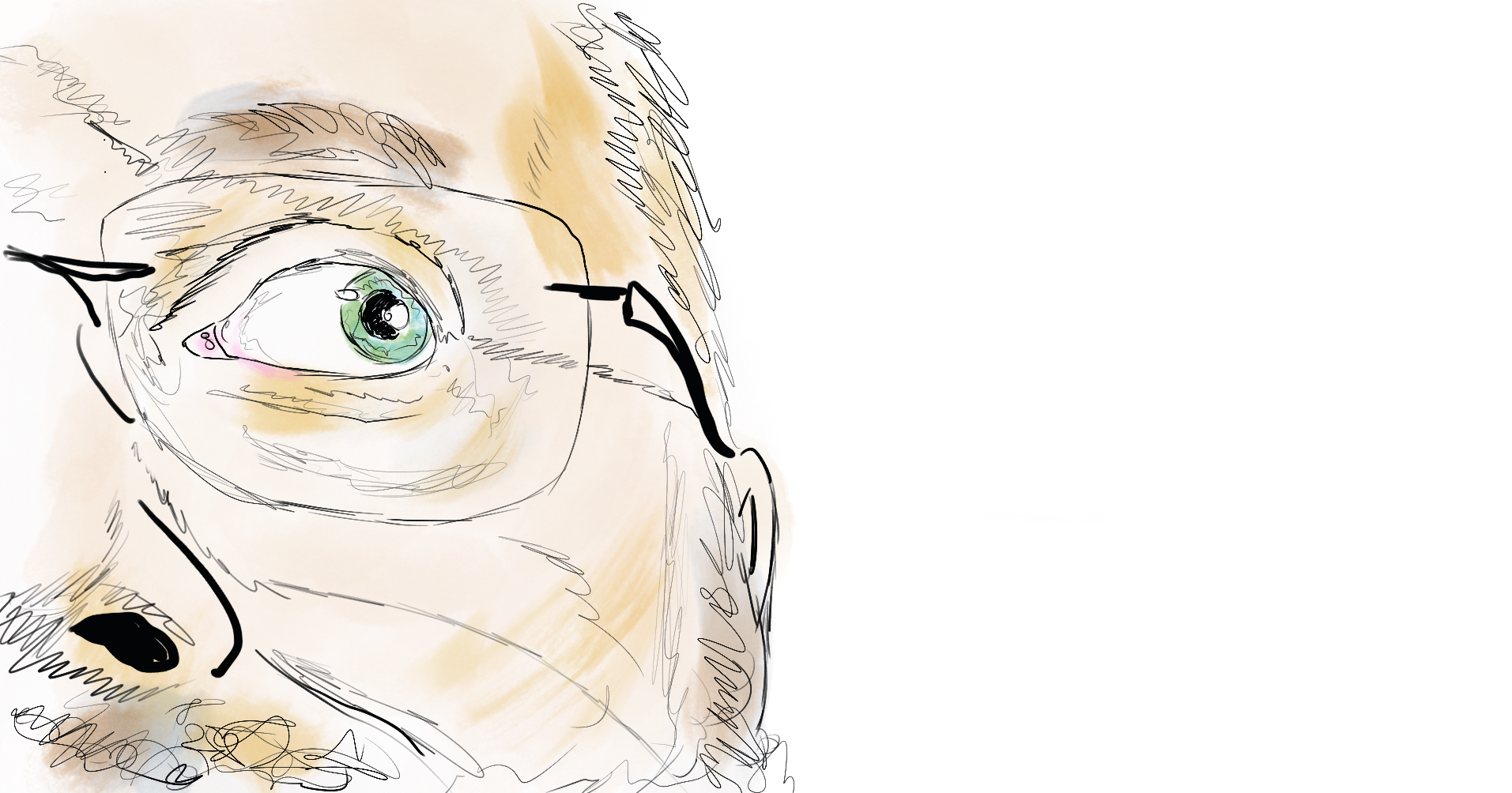 A self portrait sketch made in procreate.  It’s half of a man’s face colored in not quite life like colors. 